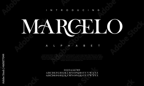 Marcelo premium luxury elegant alphabet letters and numbers. Elegant wedding typography classic serif font decorative vintage retro. Creative vector illustration