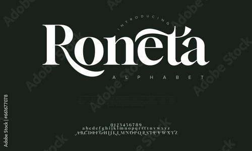 Roneta premium luxury elegant alphabet letters and numbers. Elegant wedding typography classic serif font decorative vintage retro. Creative vector illustration