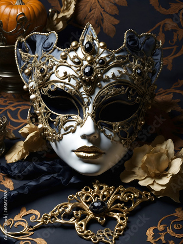 a venetian mask and other decorations on a table
