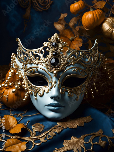 a venetian mask and other decorations on a table