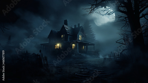 A haunted house at night, moon background, scary, mansion for halloween © Jeramy