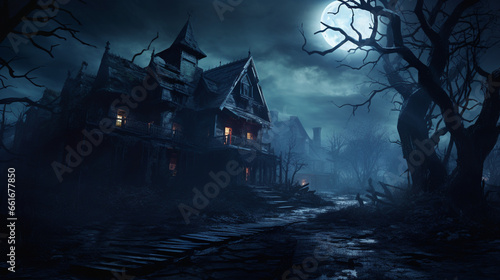 A haunted house at night, moon background, scary, mansion for halloween