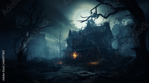 A haunted house at night, moon background, scary, mansion for halloween