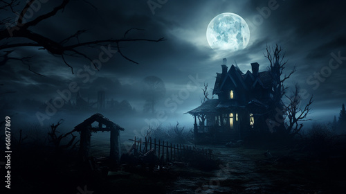 A haunted house at night, moon background, scary, mansion for halloween
