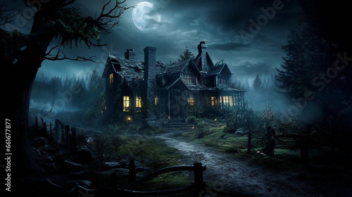 A haunted house at night, moon background, scary, mansion for halloween