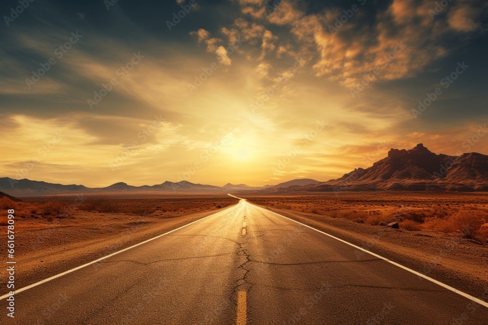 An empty road under the bright sun. Generative AI