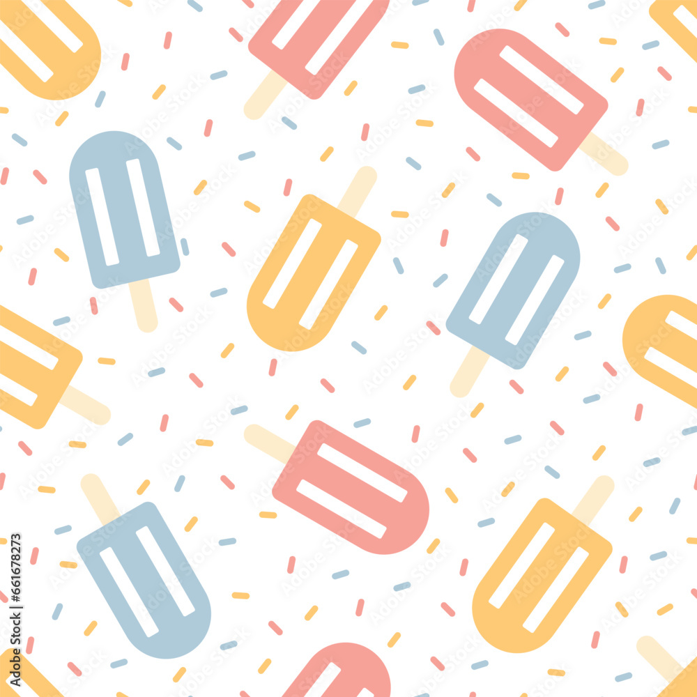 Colorful ice cream on white background. Cartoon style seamless pattern background design for summer or ice cream in vector illustration. Colorful ice cream on white background. Cartoon style seamless pattern background design for summer or ice cream in vector illustration.