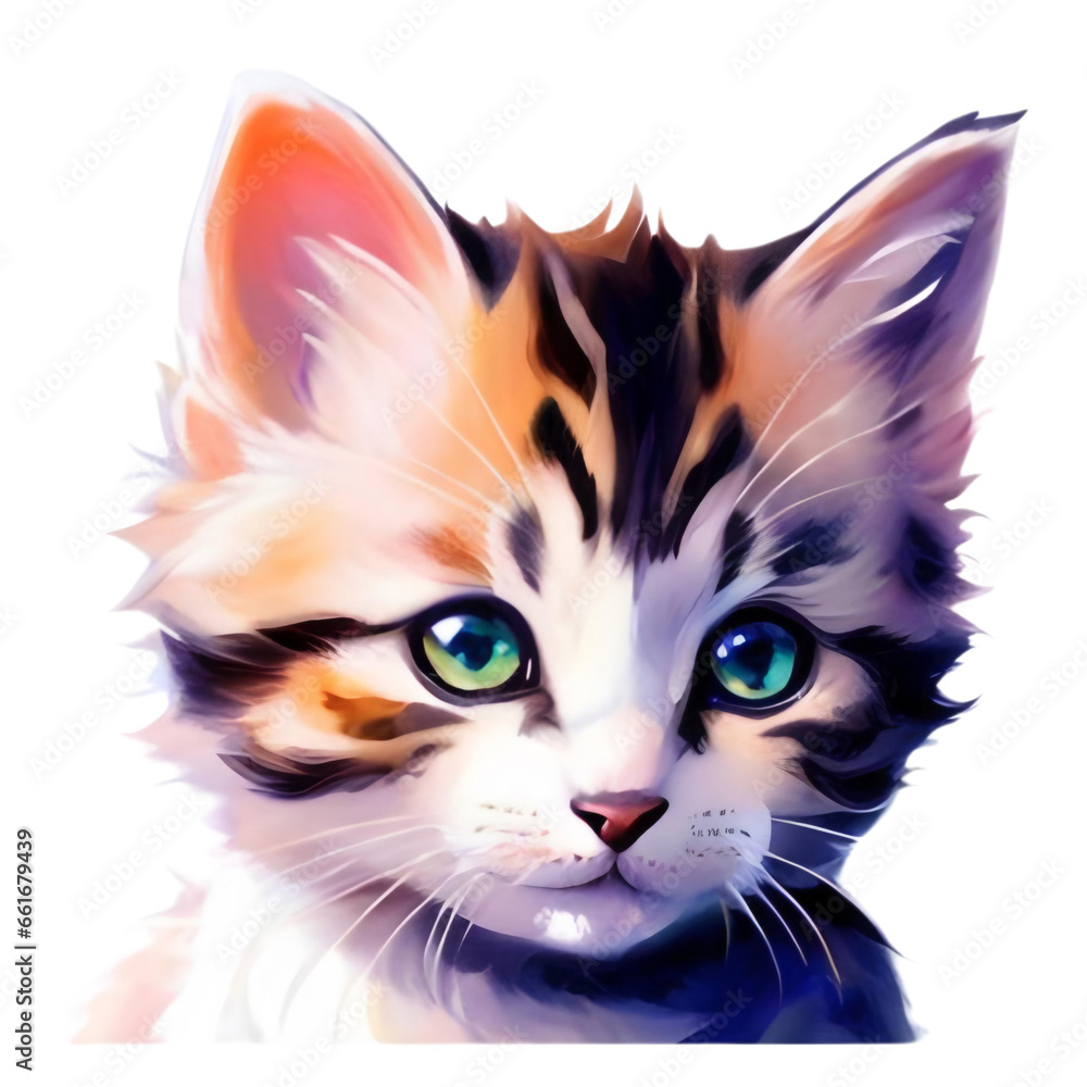 watercolor baby cat isolated on transparent png, portrait of a cat, generative ai