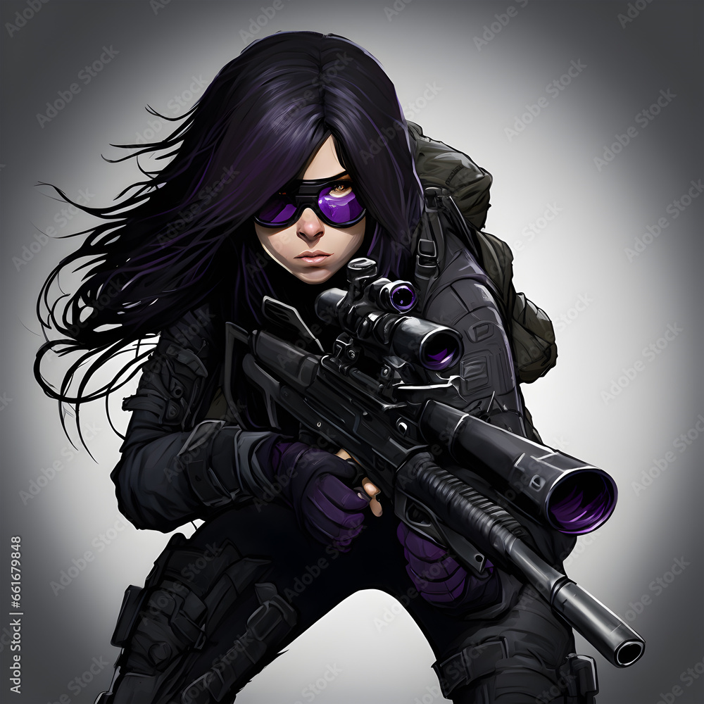 Sniper lady in black suit illustration, Generative AI illustrations Sniper lady in black suit illustration, Generative AI illustrations