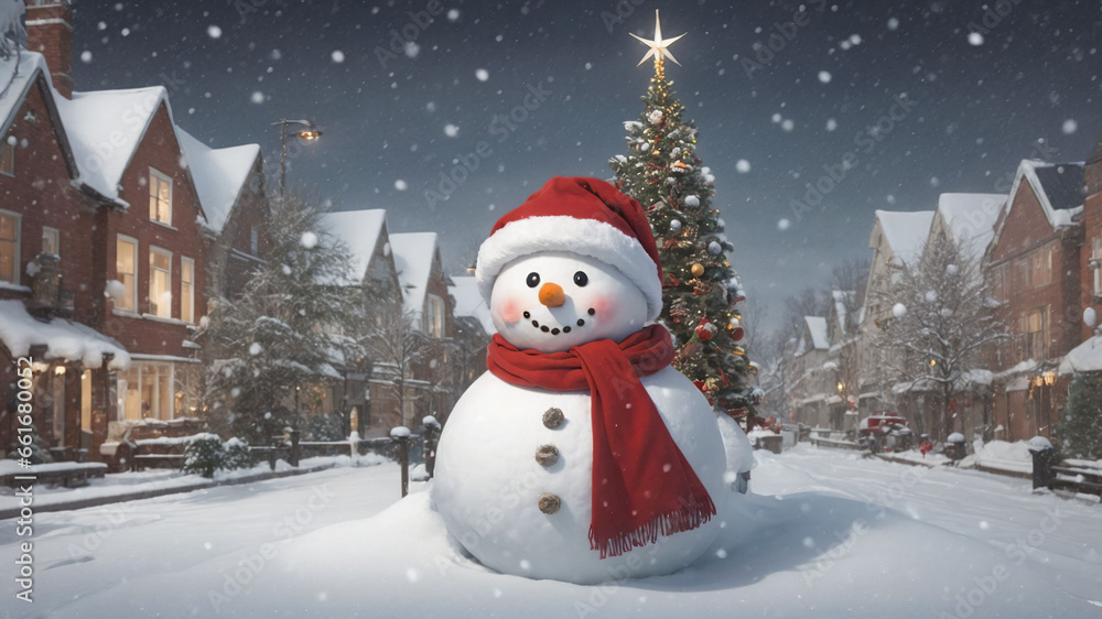 a snowman in a red hat and scarf standing in front of a christmas tree in a snowy town a snowman in a red hat and scarf standing in front of a christmas tree in a snowy town
