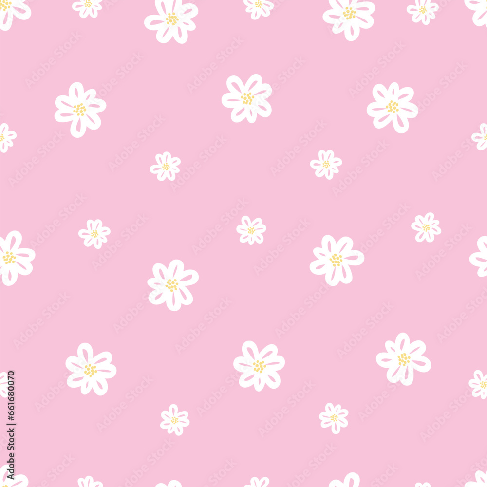 Baby seamless pattern white flowers on a pink background Hand drawn design in children style. Used for print, wallpaper decoration, fabrics, textiles. vector illustration Baby seamless pattern white flowers on a pink background Hand drawn design in children style. Used for print, wallpaper decoration, fabrics, textiles. vector illustration