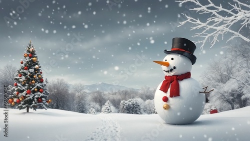 a snowman with a hat and scarf standing in front of a christmas tree with a snow covered background © akarawit