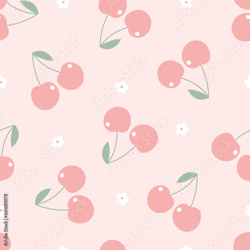 Red cherries on a pink background seamless pattern fruit background for printing, wallpaper decoration vector illustration