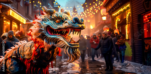 A street with a giant Chinese dragon embodying traditional folklore and the zodiac symbol of luck, strength and power. © EKH-Pictures