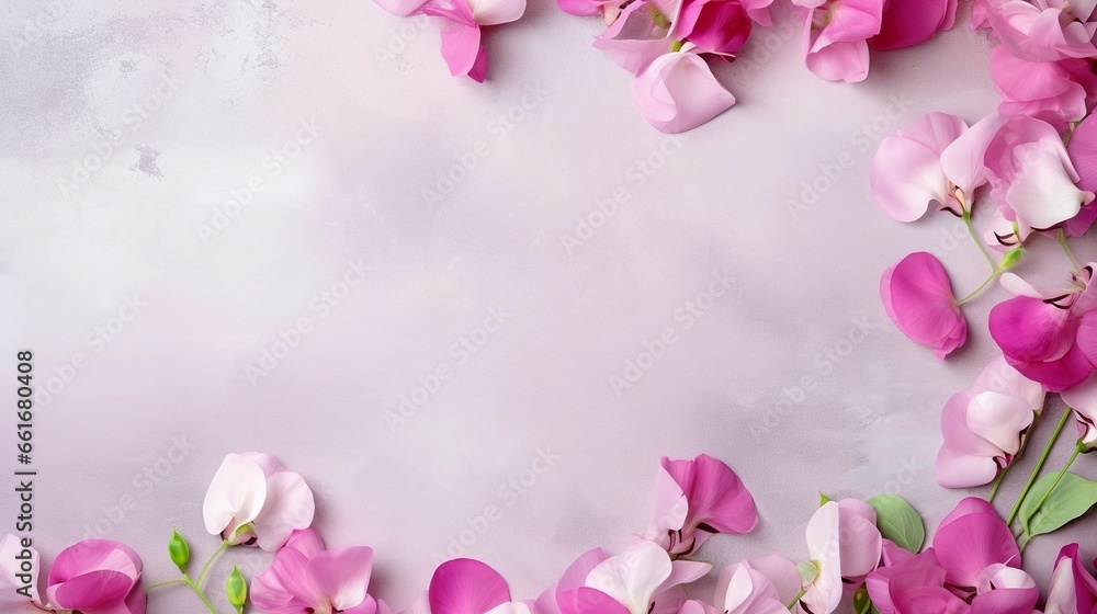 space for text on textured background surrounded by Sweet Pea flowers from top view, background image, AI generated