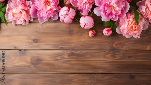 space for text on wooden background surrounded by Peony flowers from top view, background image, AI generated © Hifzhan Graphics