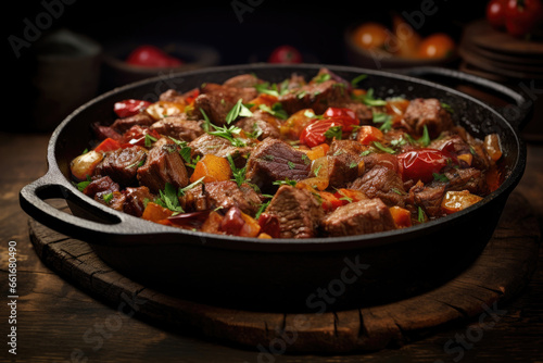 Meat stew in cast iron pan on wooden table