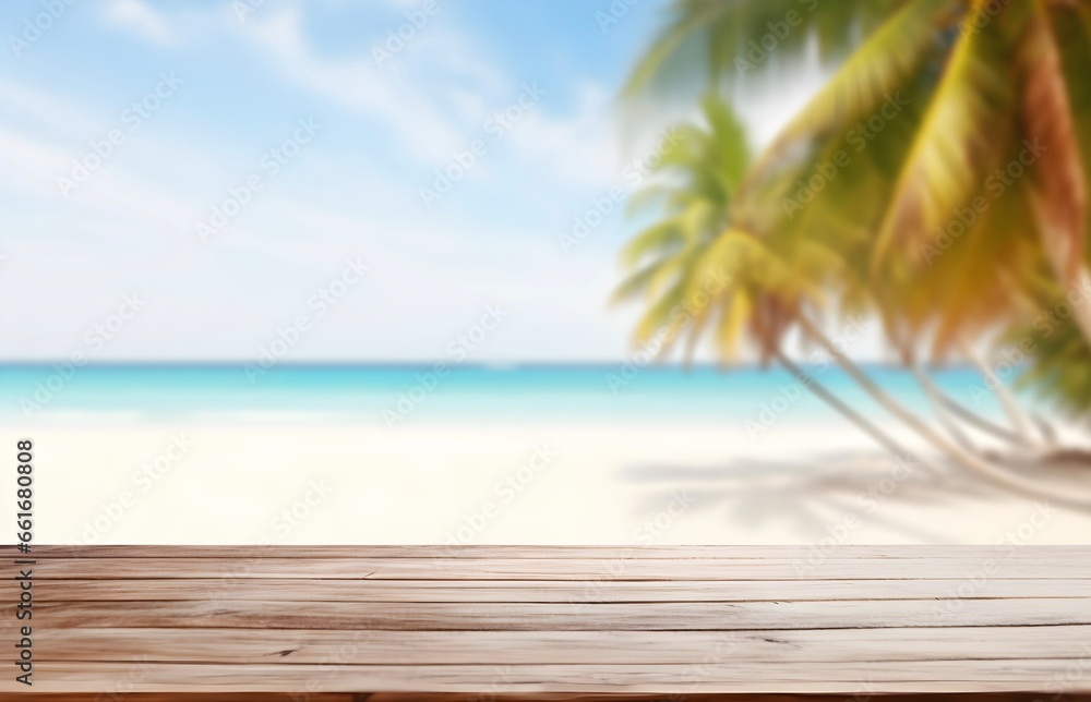 Wood table top on blur tropical beach background - can be used for display or montage your products