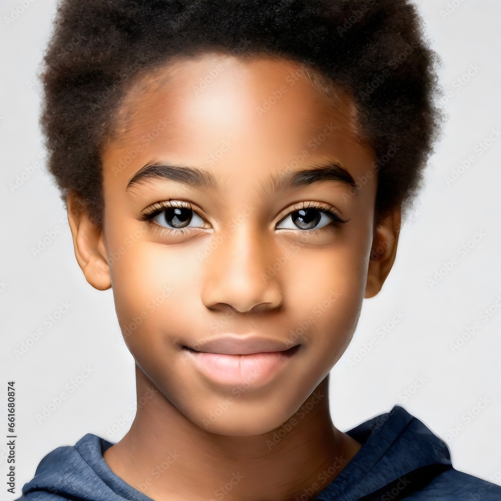 Happy Afroamerican Boy with Curly Hair, Smiling and Looking at Camera Happy Afroamerican Boy with Curly Hair, Smiling and Looking at Camera