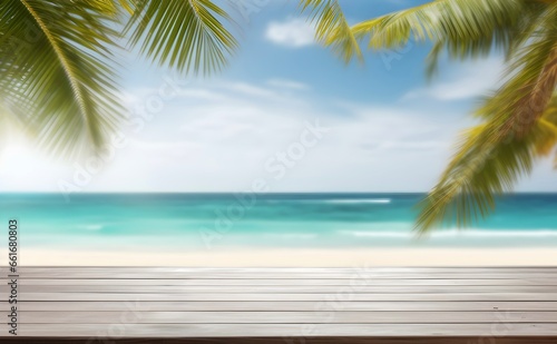 Wood Table Top Background In front of Tropical Beach. Summer Vacation Concept