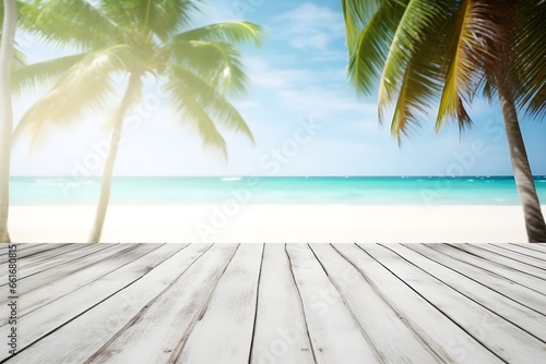 Wooden table top on blur tropical beach background - can be used for display or montage your products