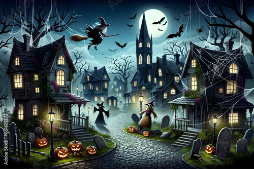 Enchanting Halloween village at twilight, featuring cobblestone paths, illuminated Gothic houses, a witch in flight, and whimsical creatures amidst gravestones.