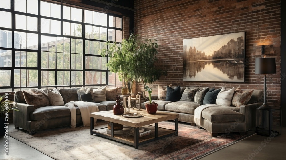 Urban loft living room with exposed beams and brick
