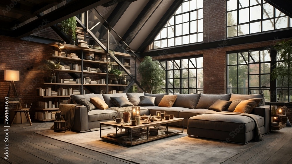 Urban loft living room with exposed beams and brick
