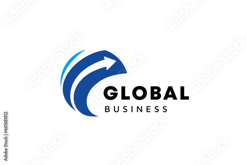 Business logo template. Globe and arrow logo is suitable for global company, world technologies, media and publicity agencies