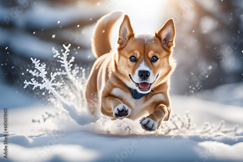 Draw a dog running and playing on a snowy day. Generative AI © BK