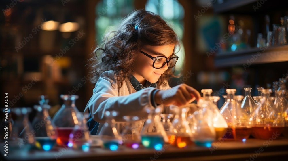 A young scientist observing a chemical reaction's magic
