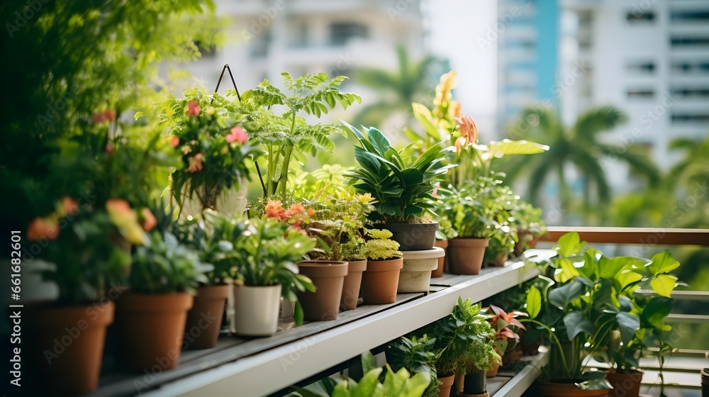 Balcony Garden with Potted Plants and City View.