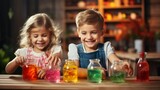 Kids excitedly mixing colorful potions in the kitchen
