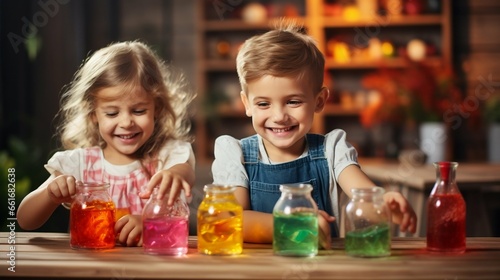 Kids excitedly mixing colorful potions in the kitchen 