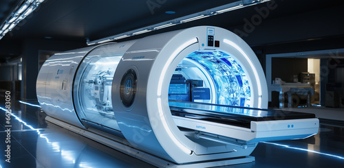 Futuristic, advanced mri or ct scan medical diagnosis machine at hospital lab. Generative AI photo