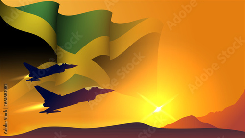 fighter jet plane with jamaica waving flag background design with sunset view suitable for national jamaica air forces day event