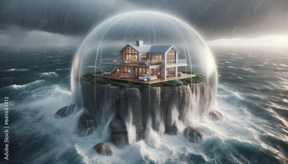 House covered transparent bubble to protect it from rain and storm. Building is on top cliff front. Concept of home insurance. Ai generative - obrazy, fototapety, plakaty 