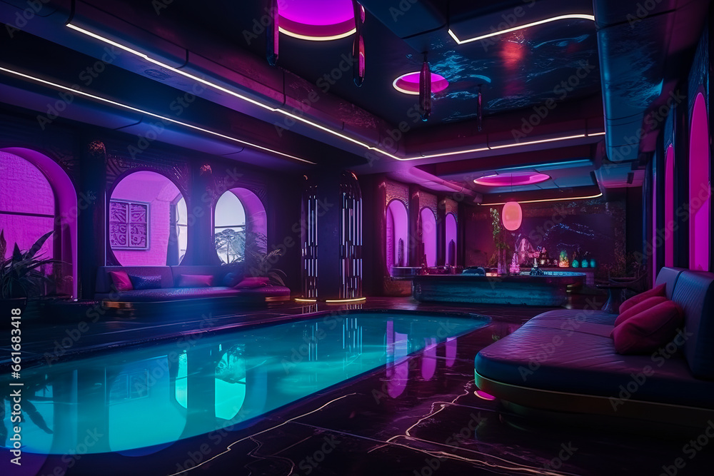 Luxurious cyberpunk-style hotel spa with a futuristic indoor pool area and oriental-inspired furniture in optimistic bright neon colors. Synthwave style interior. Generative AI Luxurious cyberpunk-style hotel spa with a futuristic indoor pool area and oriental-inspired furniture in optimistic bright neon colors. Synthwave style interior. Generative AI