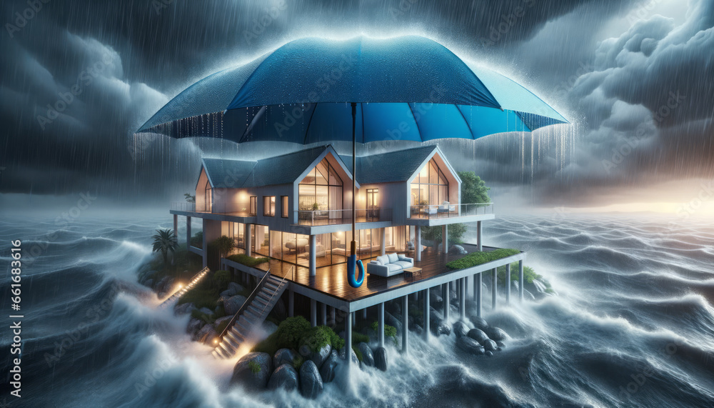 House covered with blue umbrella to protect it from rain and storm. Concept of home insurance. Ai generative - obrazy, fototapety, plakaty 