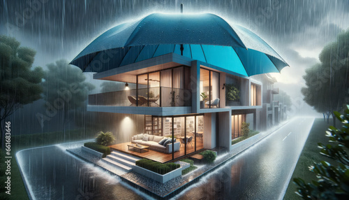 House covered with blue umbrella to protect it from rain and storm. Flood on the streets. Concept of home insurance. Ai generative photo