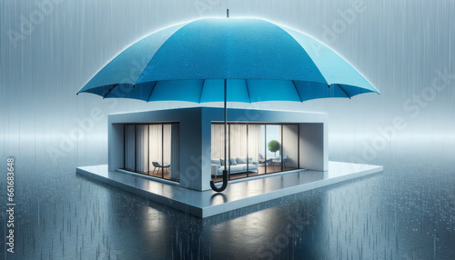 House covered with blue umbrella to protect it from rain and storm. Concept of home insurance. Ai generative photo