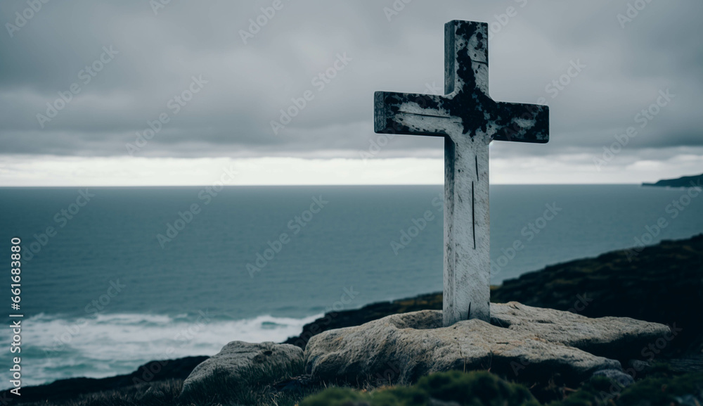 A cross on top of the hill with epic light. Religious christianity symbol