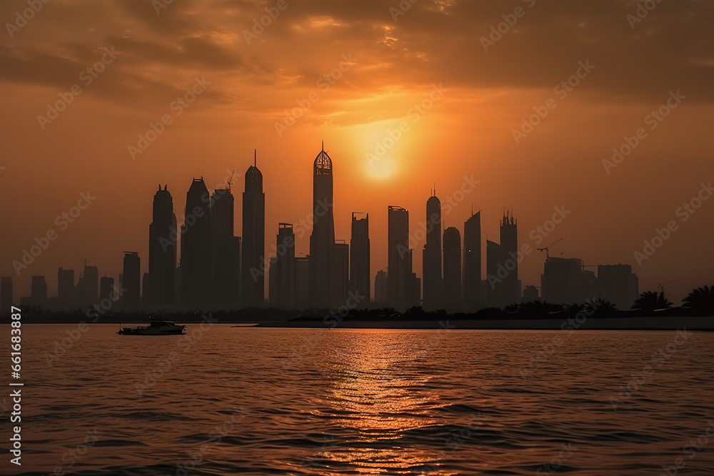 Sunset in the city travel in United Arab Emirates. Generative AI