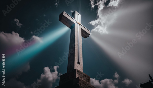 A cross on top of the hill with epic light. Religious christianity symbol photo