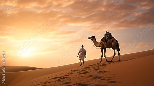 夕焼けの中、砂漠の中でラクダと歩いている男性の後ろ姿