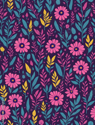 AI Generative illustration seamless decorative elegant pattern with pink purrple flower of pansy. Amazing seamless floral pattern on a dark blue background. Vintage antique watercolor style 