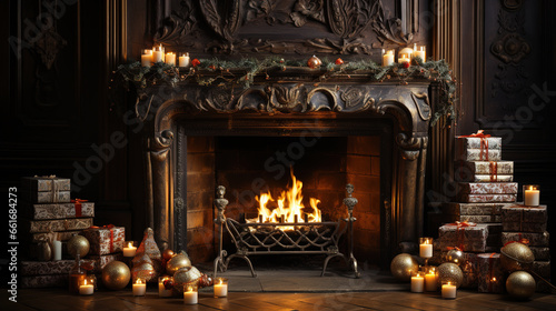 A fireplace with Christmas decorations, candles and gifts. Generative AI