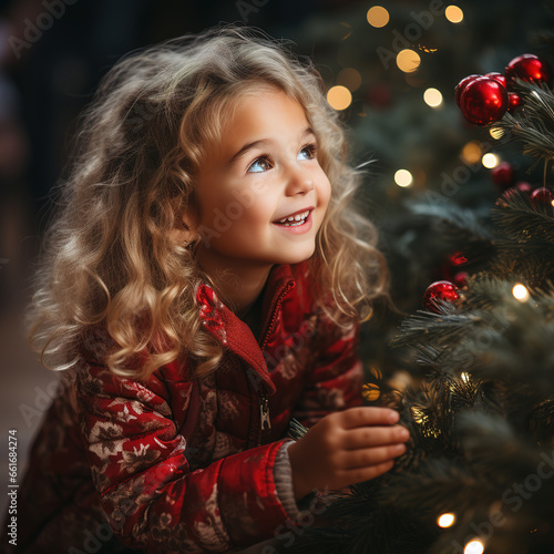 Happy little girl decorating christmas tree at home, winter holidays, charity and people concept. Merry Christmas Holiday concept. Generative AI