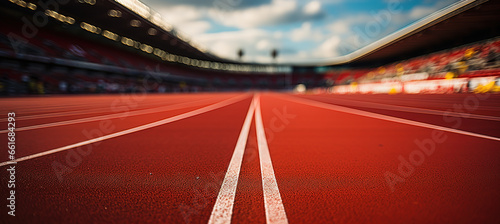 Close-up of a running track in a stadium with white striped markings. Generative AI