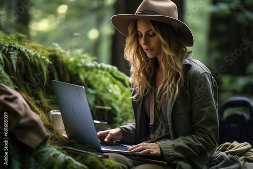 Digital Nomad Working in the middle of Forest Created with Generative AI